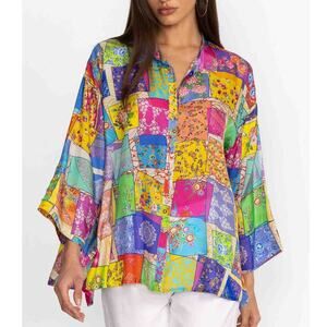 Johnny Was Multee Blouse Womens S Multicolor Silk‎ Patchwork Button Resort Boho